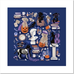 Labracadabrador halloween magic puppies // spot // catalina blue background electric blue orchid and lilac details black and yellow Labrador Retriever dogs Posters and Art